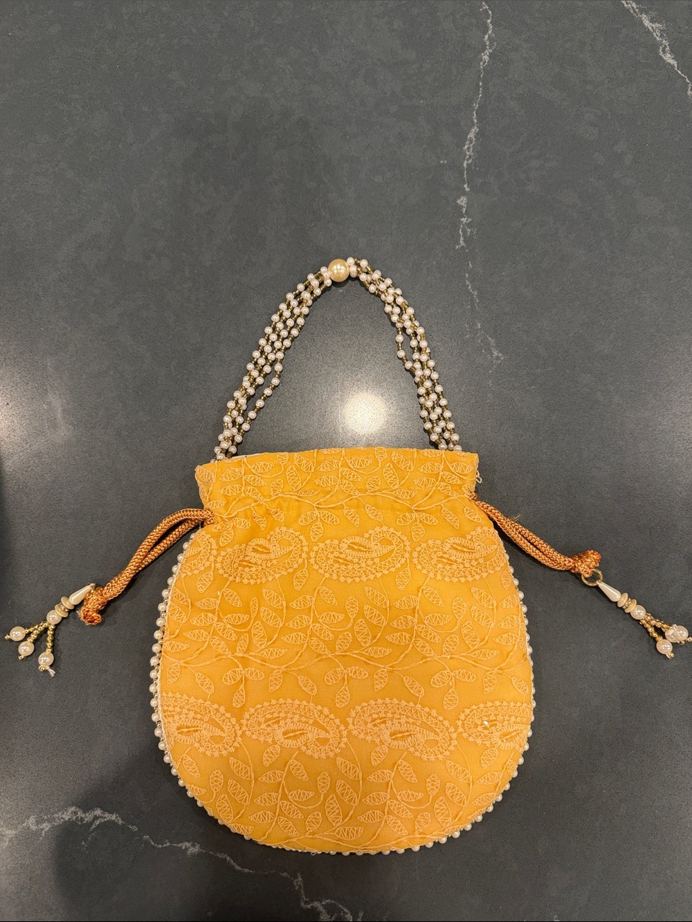 NEW Indian Embroidered Potli Bag Pearl Handle Yellow Gold